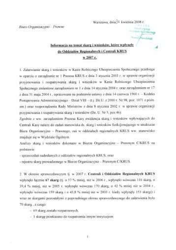 Skargi i wnioski kierowane do jednostek organizacyjnych KRUS w ...