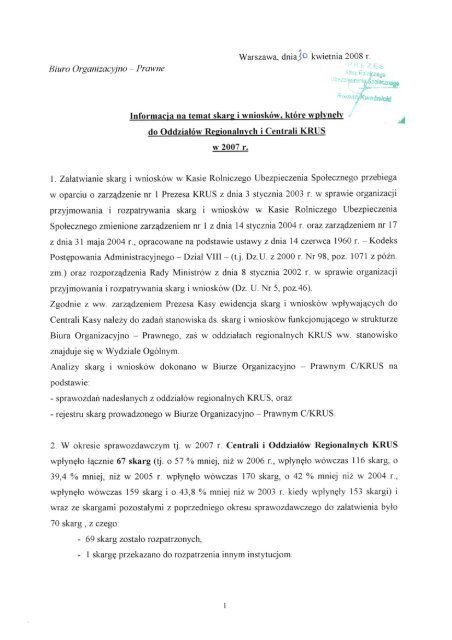 Skargi i wnioski kierowane do jednostek organizacyjnych KRUS w ...