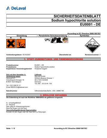 SICHERHEITSDATENBLATT Sodium hypochlorite ... - DeLaval