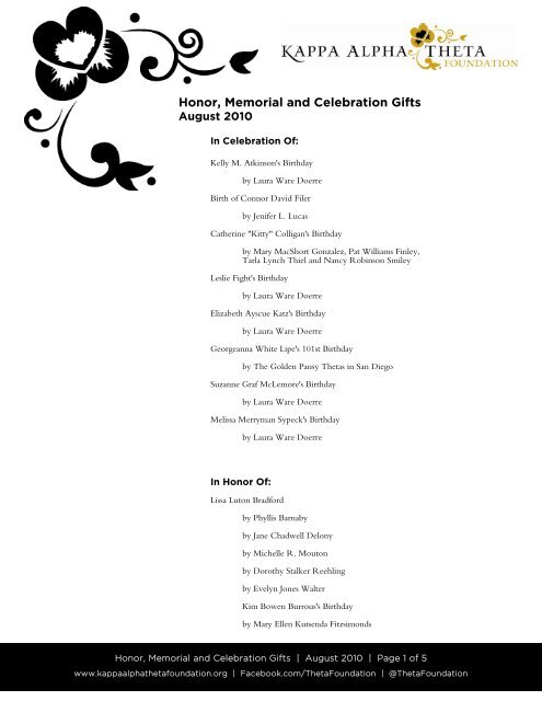 Honor, Memorial and Celebration Gifts - Kappa Alpha Theta ...