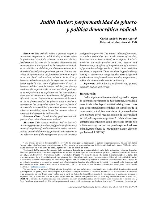 Judith Butler: performatividad de género y política democrática ...