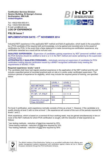 LOG OF PRE-CERTIFICATION EXPERIENCE PSL/30 Issue ... - BINDT