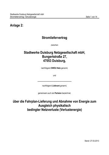 Anlage 2: Stromliefervertrag Stadtwerke ... - Swdu-netz.dvv.de