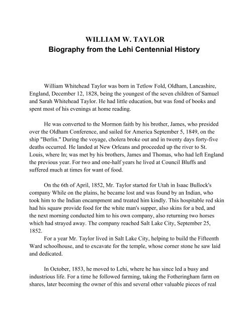 WILLIAM W. TAYLOR Biography from the Lehi Centennial ... - Lehi City