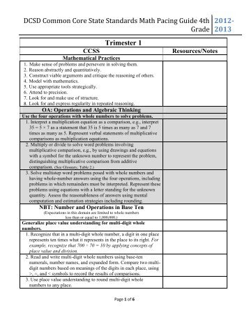 DCSD Common Core State Standards Math Pacing Guide 4th Grade