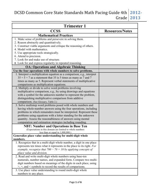 DCSD Common Core State Standards Math Pacing Guide 4th Grade