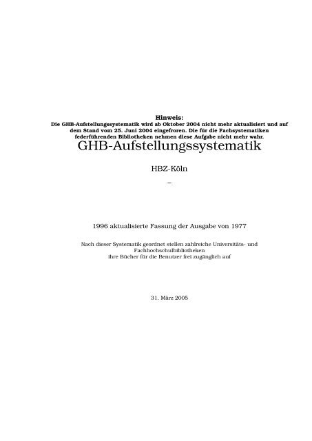 Ghb Aufstellungssystematik Hbz