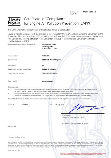 Certificate of Compliance for Engine Air Pollution ... - Steyr Motors