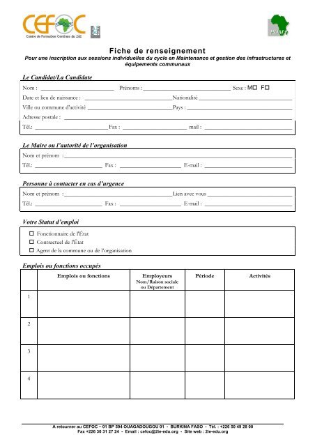 CENTRE FORMATEUR FICHE DE RENSEIGNEMENTS