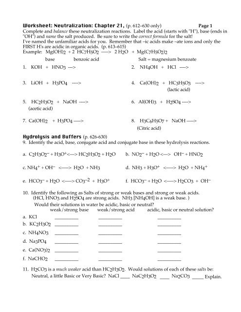 Acid Base Reactions Worksheet