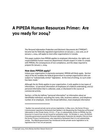 A PIPEDA Human Resources Primer: Are you ready ... - Hicks Morley