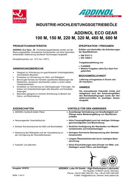 ADDINOL ECO GEAR 100 M, 150 M, 220 M, 320 M, 460 M, 680 M