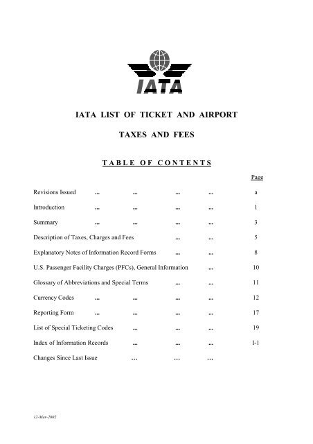IATA LIST OF TICKET AND AIRPORT TAXES AND FEES