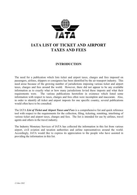 IATA LIST OF TICKET AND AIRPORT TAXES AND FEES