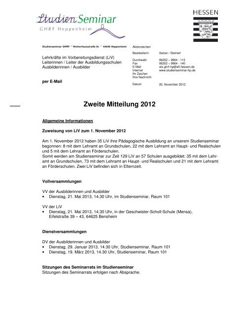 Zweite Mitteilung 2012 - Studienseminar Heppenheim