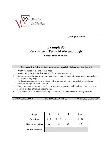 Example #3 Recruitment Test â Maths and Logic - ProCredit