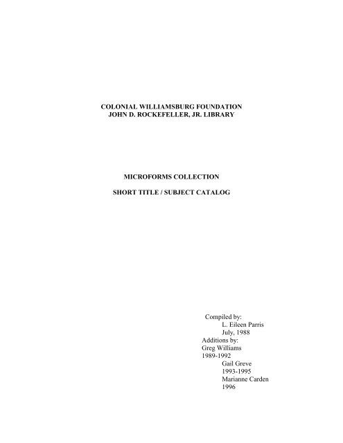 Microforms Short Title/Subject Catalog - Research - Colonial ...