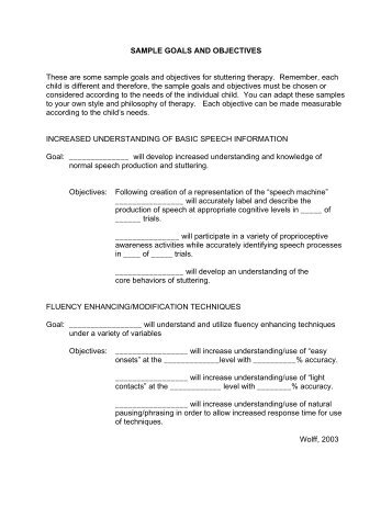 SAMPLE GOALS AND OBJECTIVES - CSHA