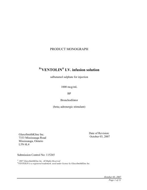 VENTOLIN I.V. infusion solution - GlaxoSmithKline