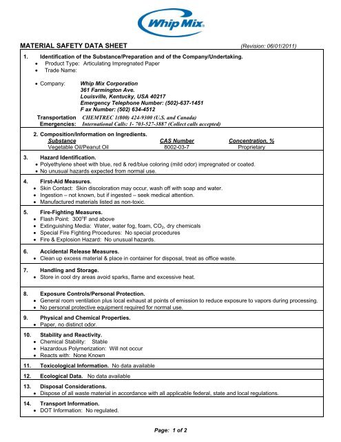 Articulating Paper MSDS - Whip Mix