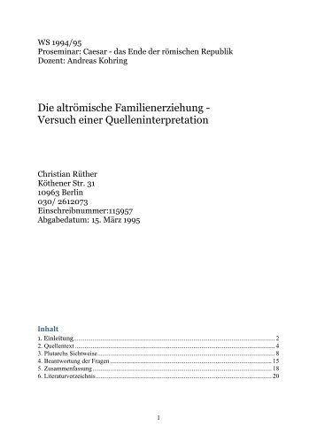 Die altrÃ¶mische Familienerziehung. Versuch einer ... - Christian RÃ¼ther