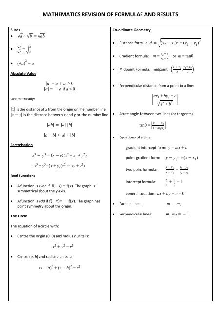 MATHEMATICS REVISION OF FORMULAE AND RESULTS