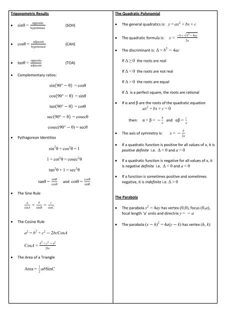 MATHEMATICS REVISION OF FORMULAE AND RESULTS