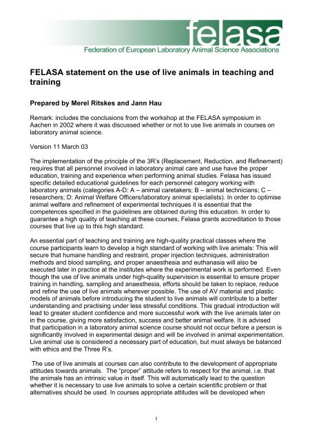 FELASA statement on the use of live animals in teaching and training