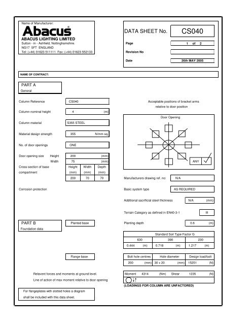 Column data sheet - CS040 - Abacus Lighting