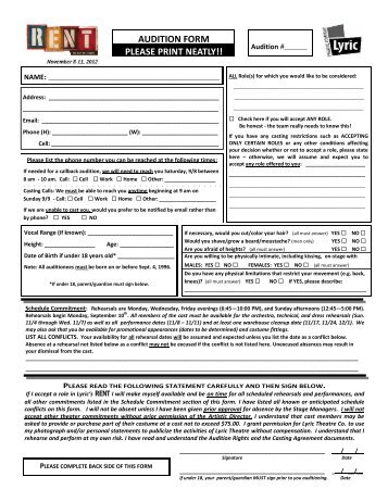 AUDITION FORM PLEASE PRINT NEATLY!! - Lyric Theatre Company