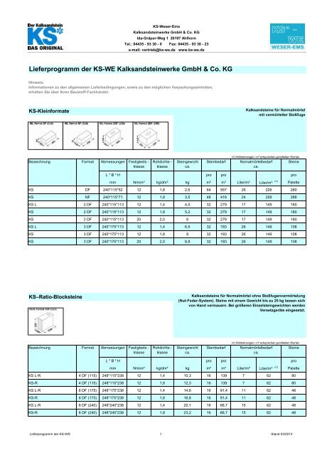 Lieferprogramm der KS-WE Kalksandsteinwerke GmbH & Co. KG