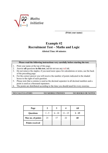 Example #2 Recruitment Test â Maths and Logic - ProCredit
