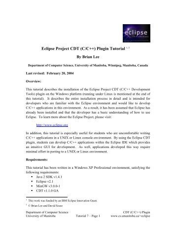 Eclipse Project CDT (C/C++) Plugin Tutorial - University of Manitoba ...