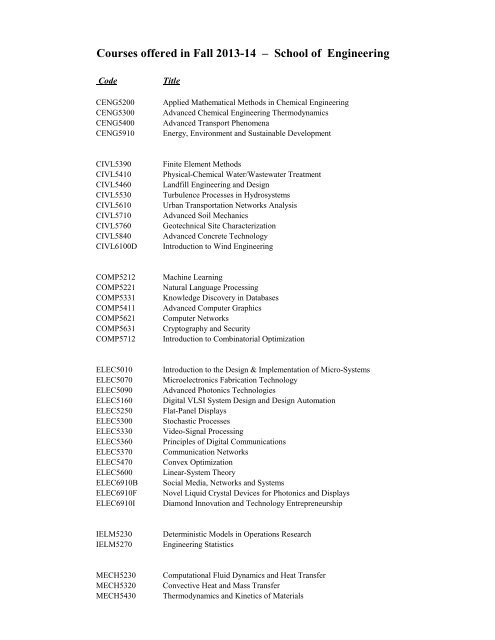 Courses offered in Fall 2013-14 â School of Engineering