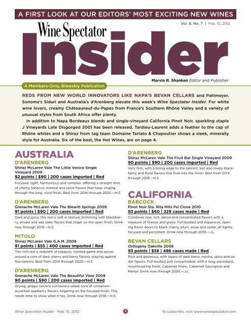 Wine Spectator Insider Feb. 15, 2012 - Wines of South Africa