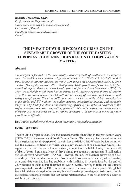 REGIONAL COOPERATION AND ECONOMIC INTEGRATION