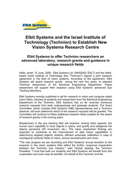 Elbit Systems and the Israel Institute of Technology (Technion) to ...