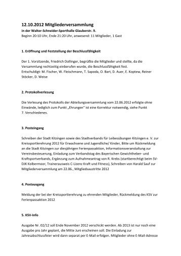 2012 Oktober_Mitgliederversammlung Protokoll - KSV-Kitzingen
