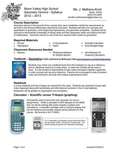 Honors Geometry Syllabus - Moon Valley High School