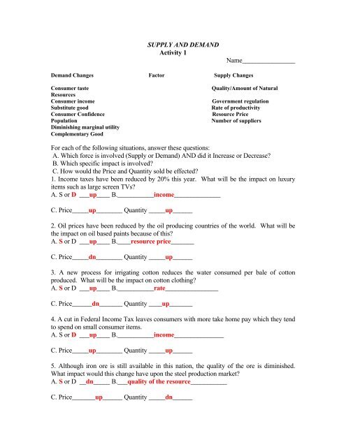 Supply And Demand Activity 1 With Answers pdf Moon Valley High 