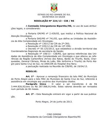 resolução nº 224/13 - Secretaria Estadual da Saúde do Rio Grande ...