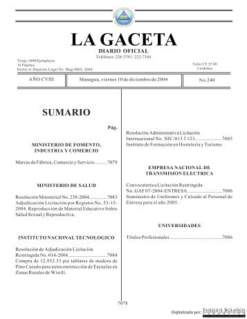 Gaceta - Diario Oficial de Nicaragua - # 240 de 10 Diciembre 2004