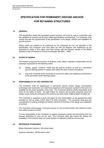 Specification for Permanent Ground Anchors for Retaining Structures