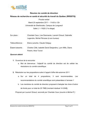 Réunion du comité de direction - Réseau de recherche en santé et ...