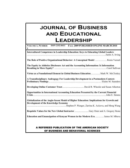 journal of business and educational leadership - Asbbs.org