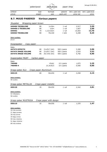 8.7. MUUD PABERID Various papers - Zelluloos