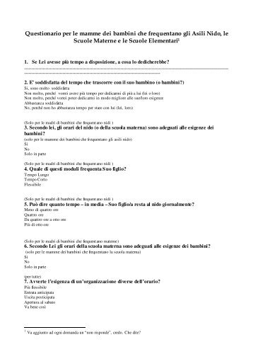 Questionario per le mamme dei bambini che ... - Comune di Prato