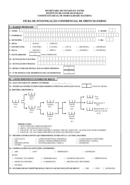 ficha de investigaÃ§Ã£o confidencial de Ã³bito materno - Secretaria da ...