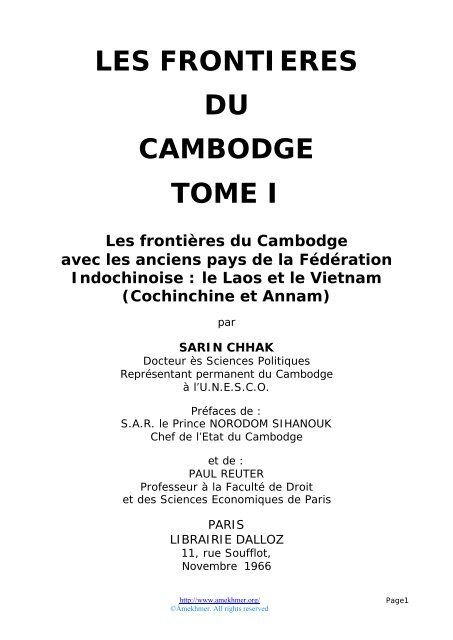 LES FRONTIERES DU CAMBODGE TOME I - Absara