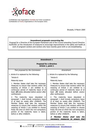 Amendment proposals Maternity Leave - COFACE